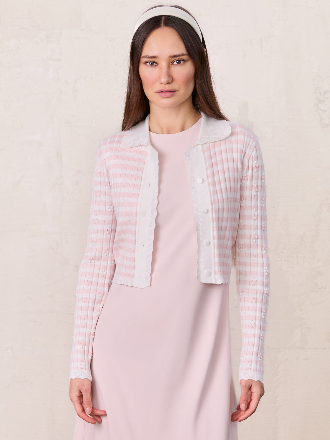 Striped Scalloped Edge Cardigan-Pink/White