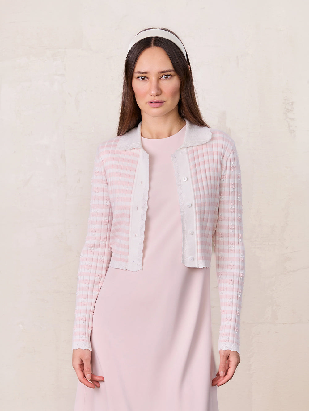Striped Scalloped Edge Cardigan-Pink/White