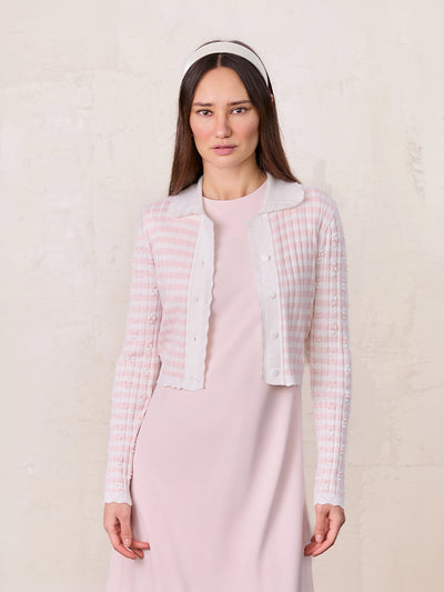 Striped Scalloped Edge Cardigan-Pink/White