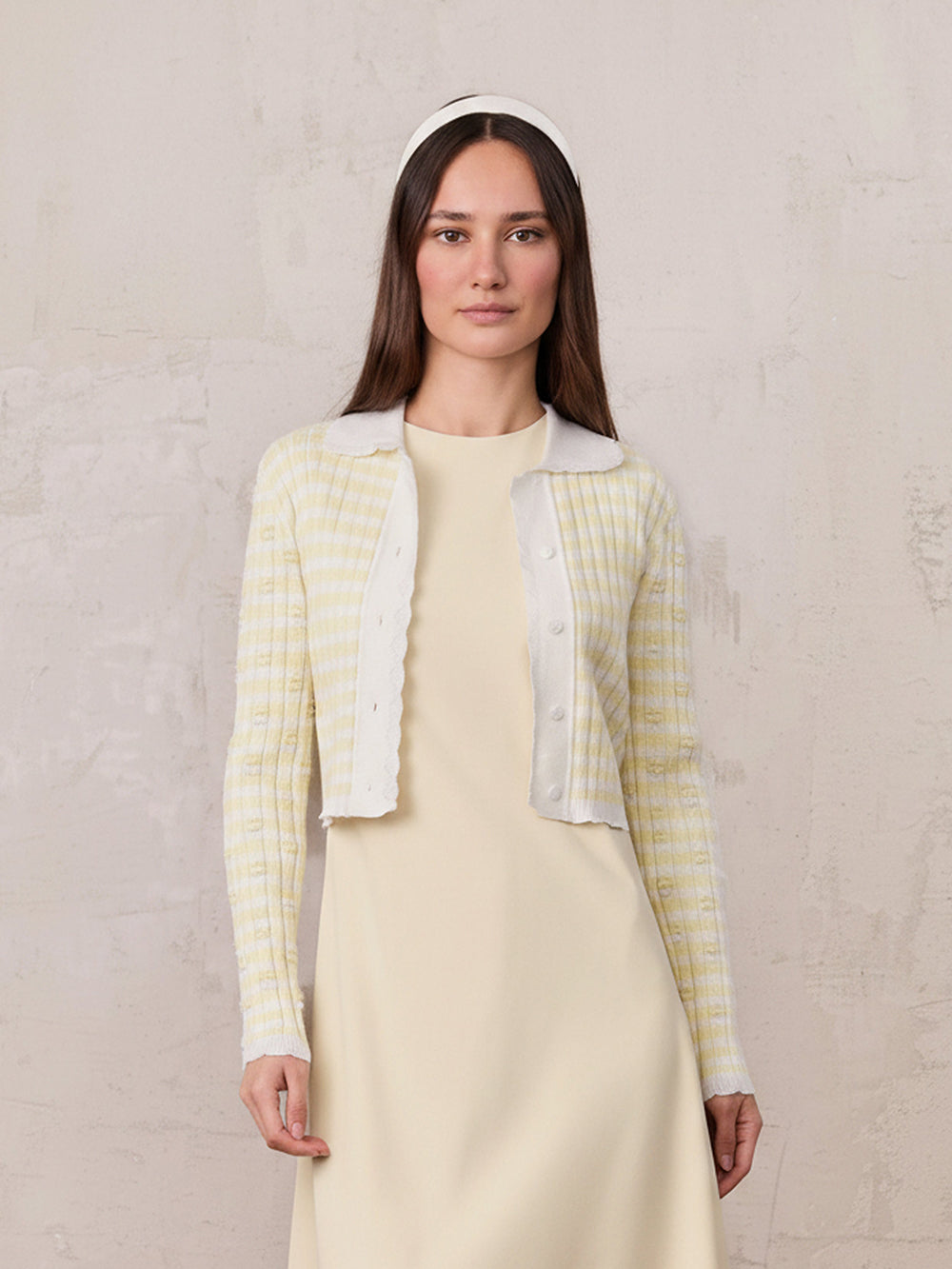 Striped Scalloped Edge Cardigan-Yellow/White