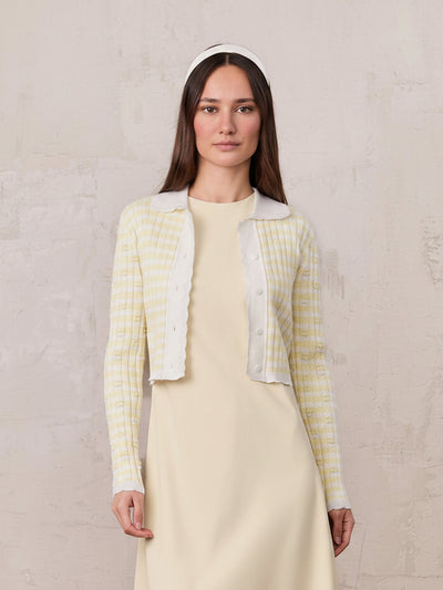 Striped Scalloped Edge Cardigan-Yellow/White