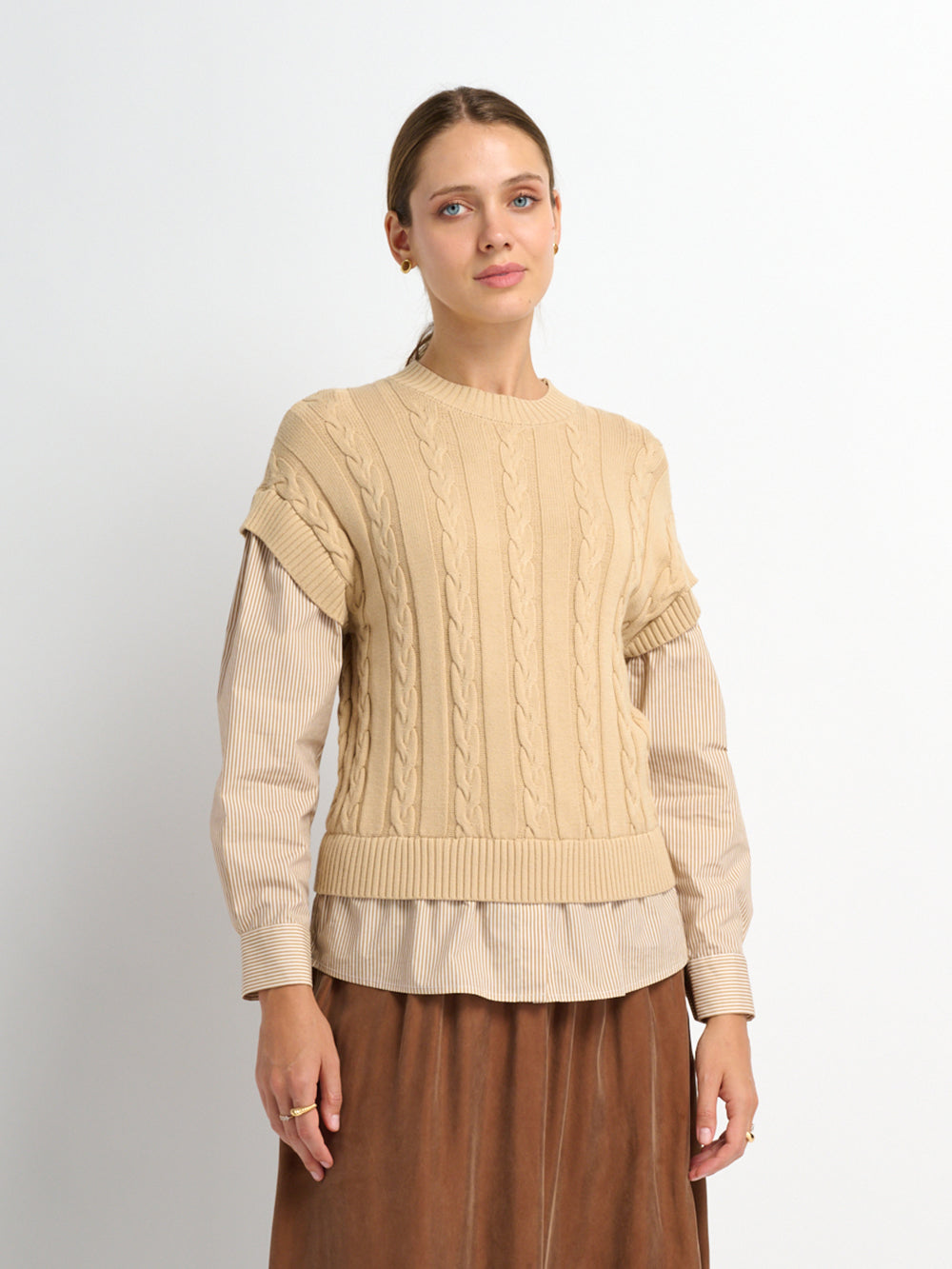 Striped Shirt Detail Sweater - Tan/Tan Stripe