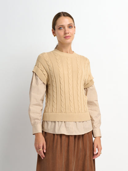 Striped Shirt Detail Sweater - Tan/Tan Stripe