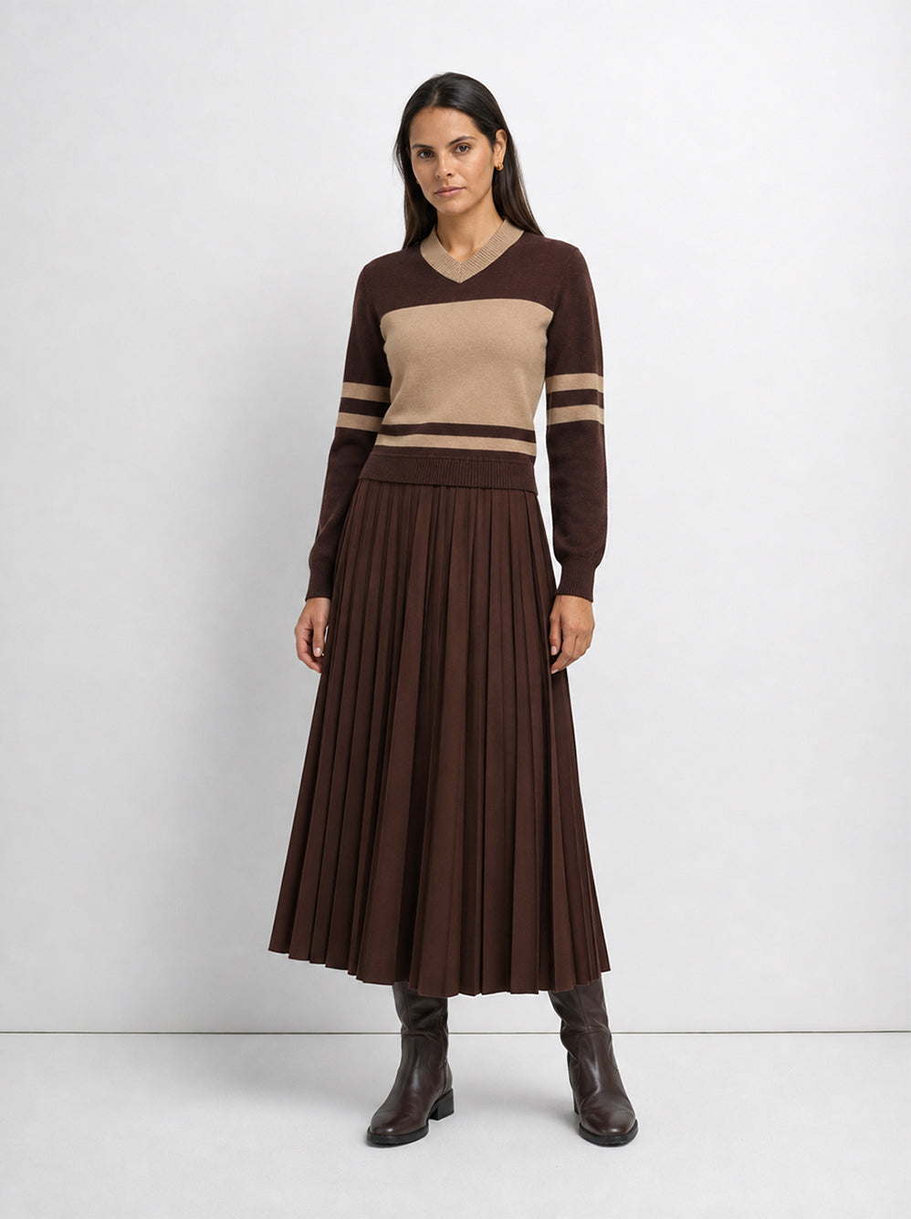 Sweater Top Pleated Dress - Brown/Tan