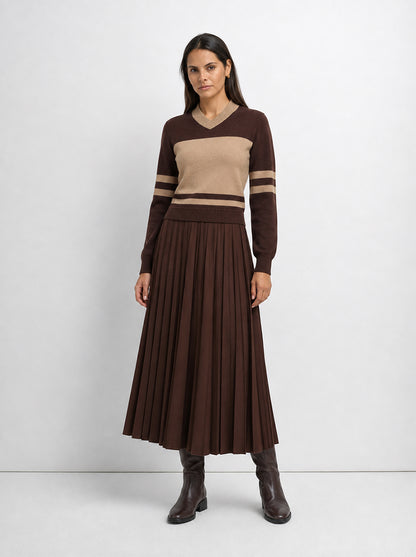 Sweater Top Pleated Dress - Brown/Tan
