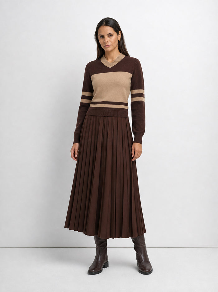 Sweater Top Pleated Dress - Brown/Tan