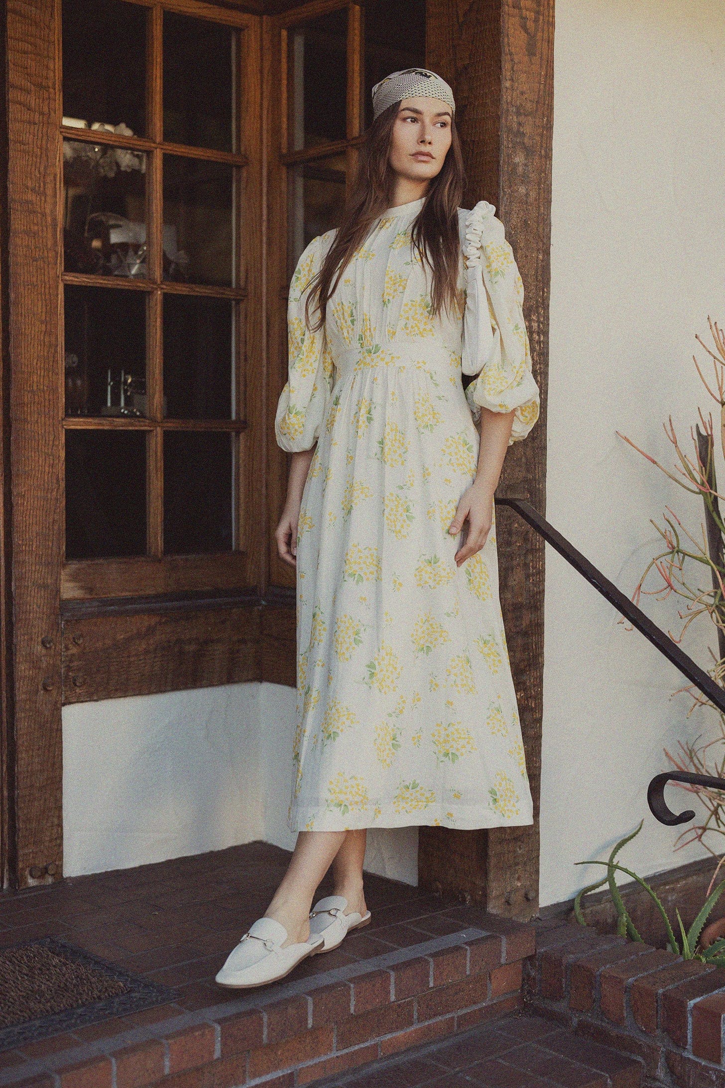 Ruched Puff Sleeve Dress-Yellow Floral