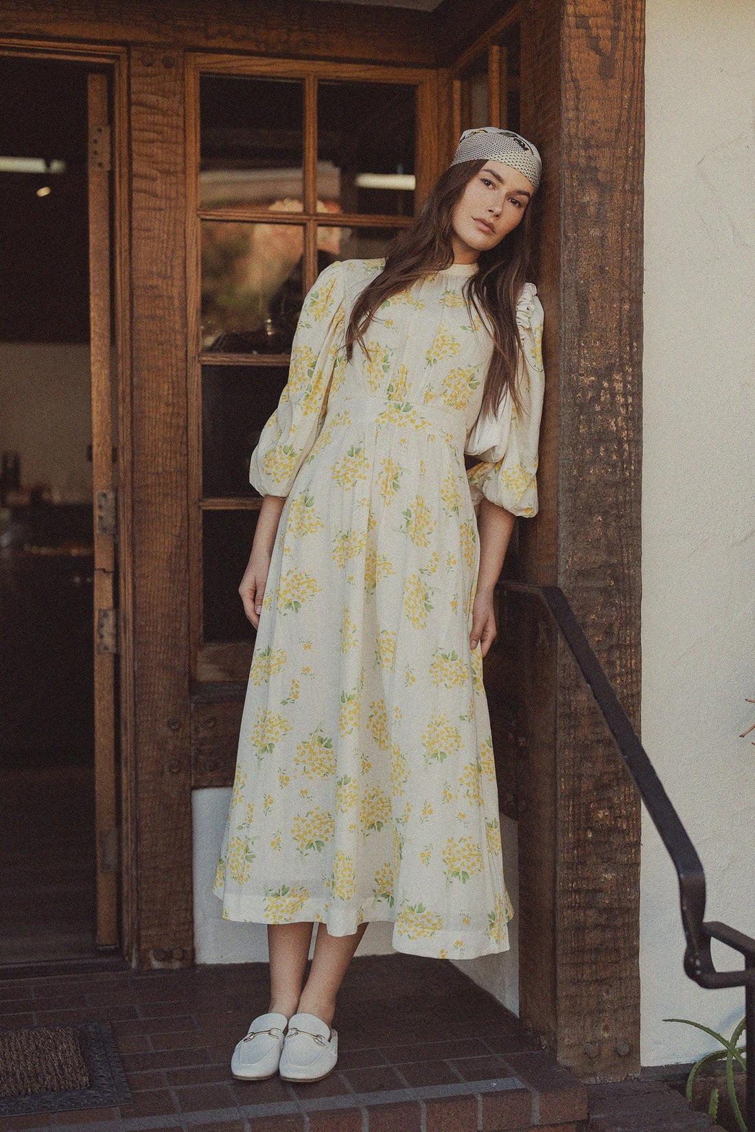 Ruched Puff Sleeve Dress-Yellow Floral