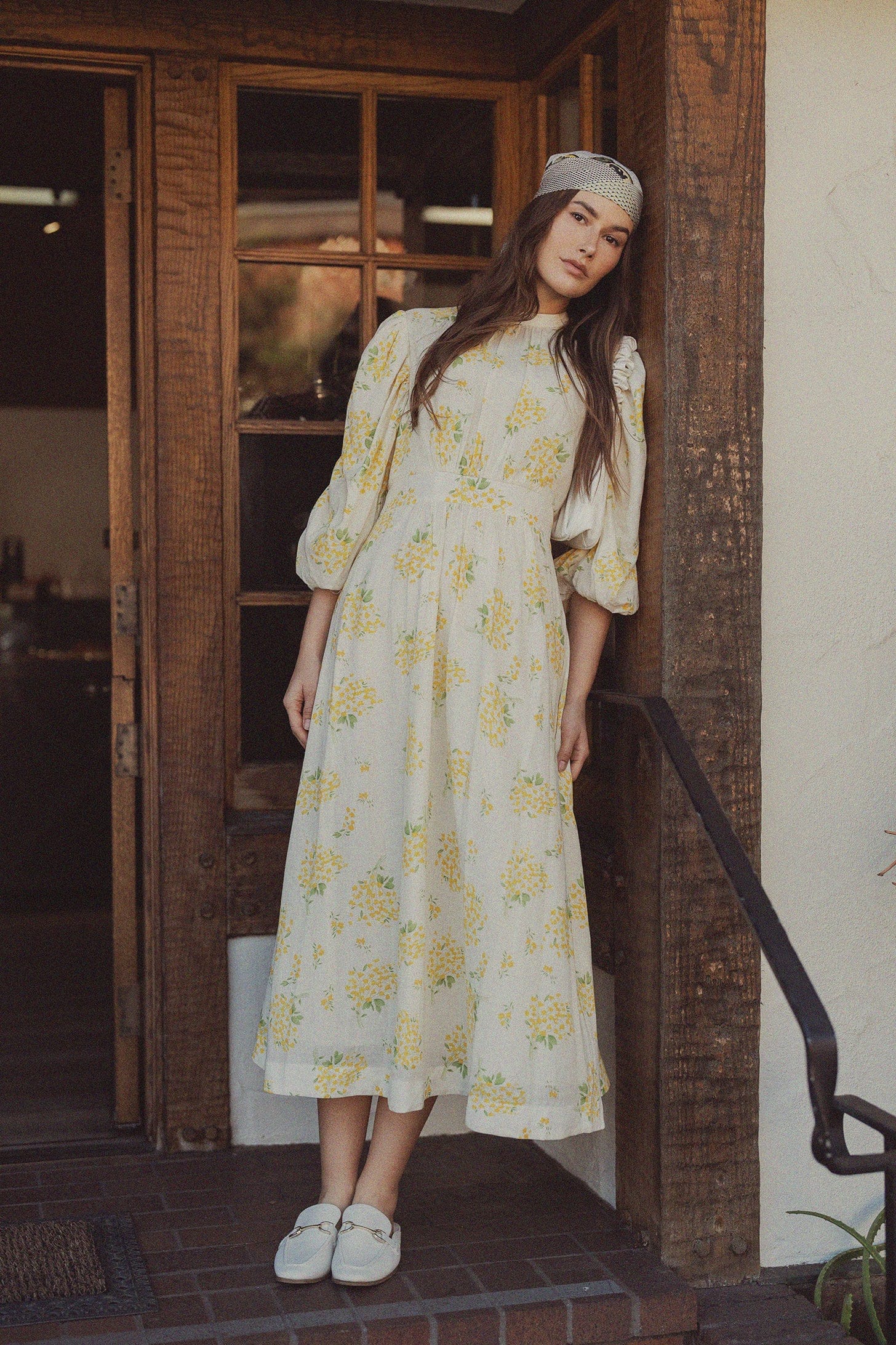 Ruched Puff Sleeve Dress-Yellow Floral