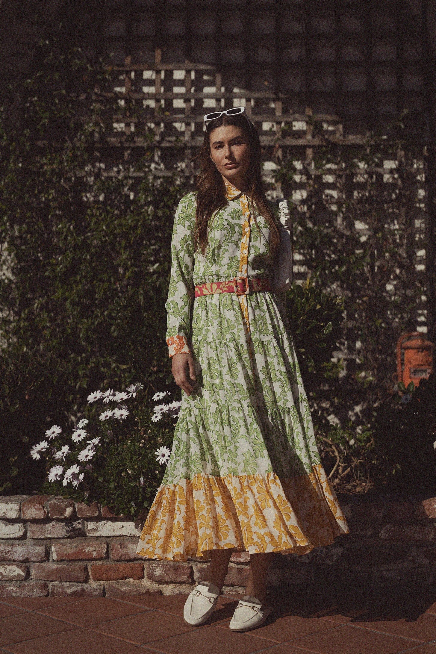 Belted Tiered Dress-Green Floral