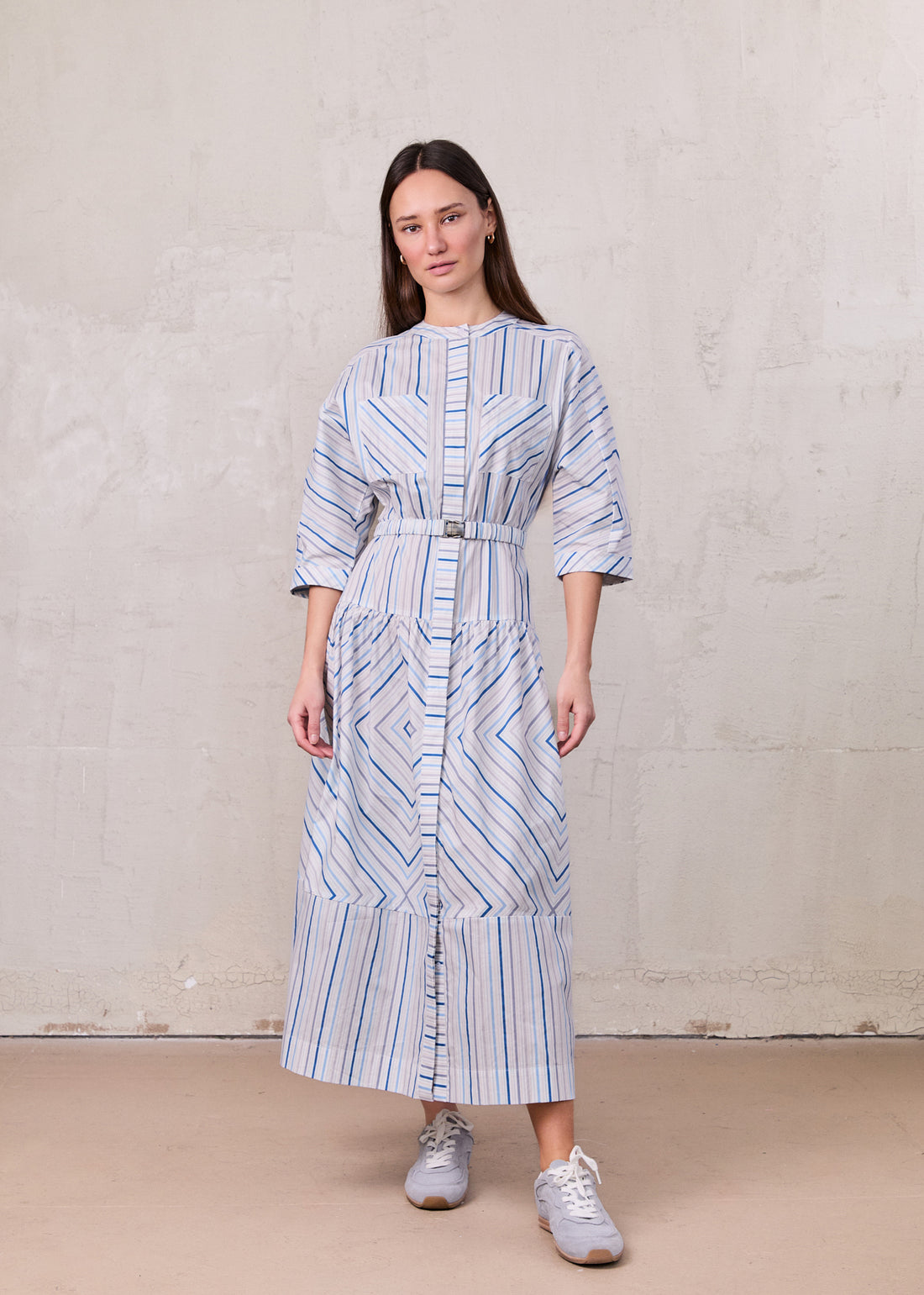 Belted Wide Sleeve Dress-Blue Stripe