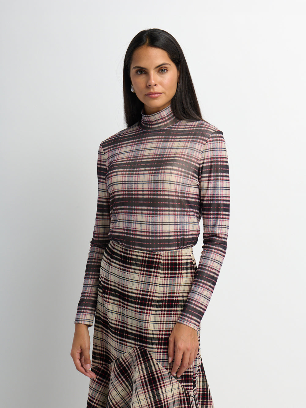 Mesh Plaid Turtleneck - Red Plaid