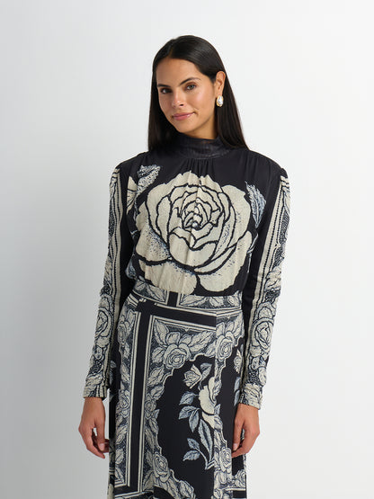 High Neck Mesh Printed Top - Cream Black Floral