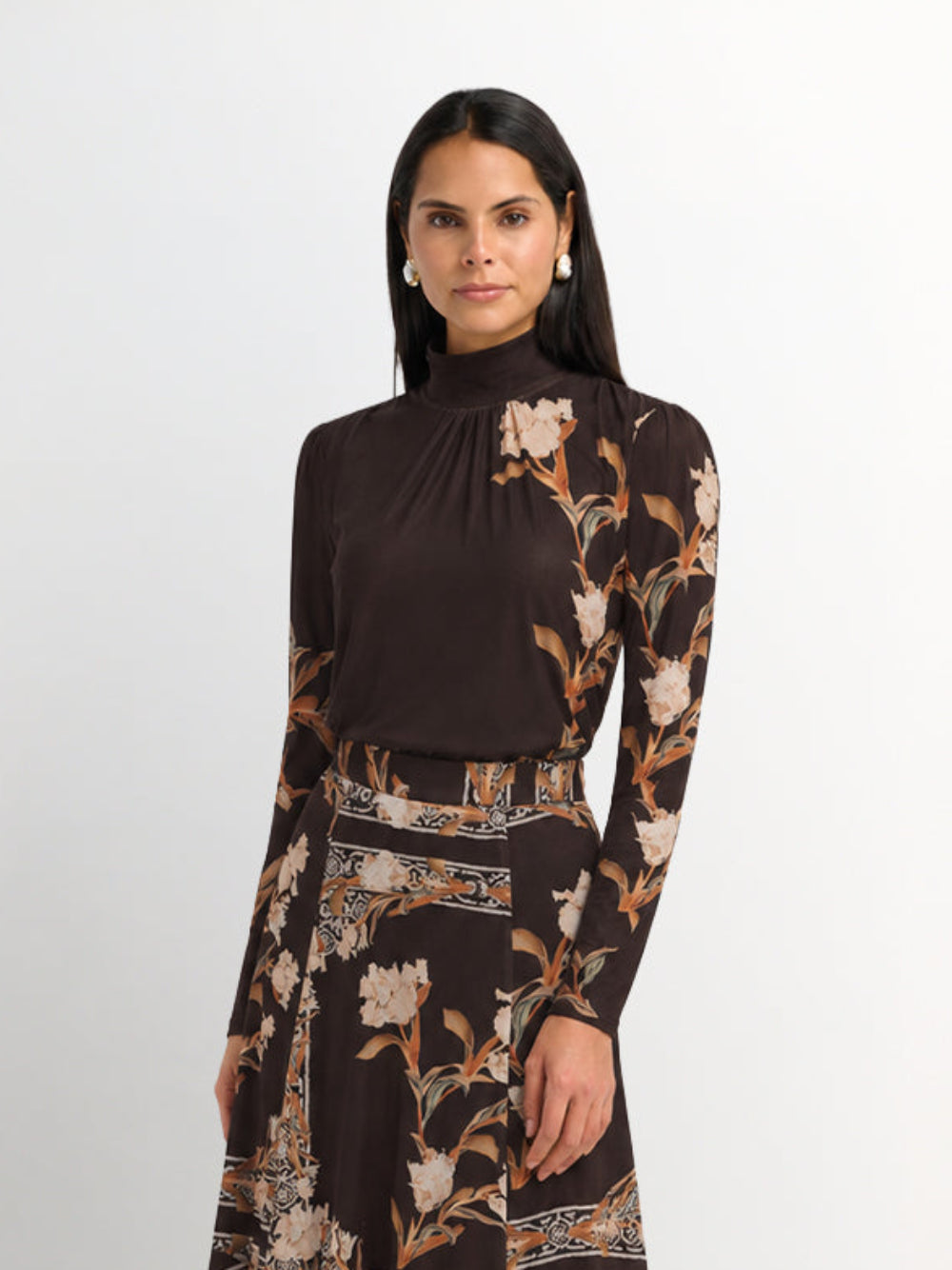 High Neck Mesh Printed Top - Brown Floral