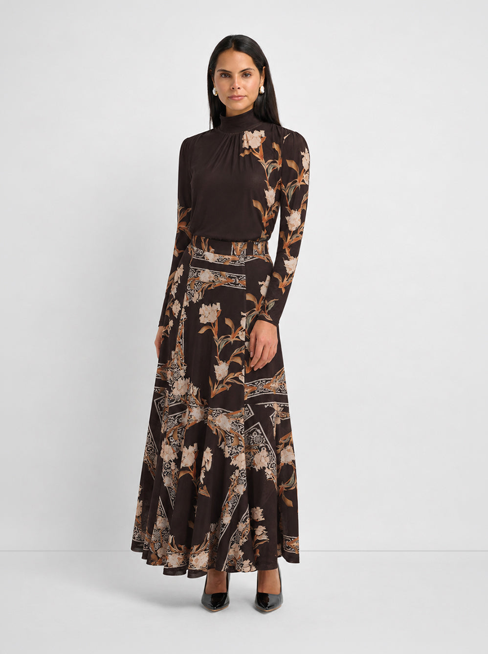 Mesh Trumpet Skirt - Brown Floral