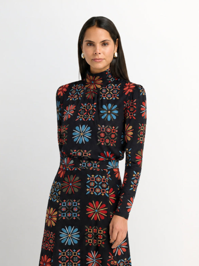 High Neck Mesh Printed Top - Color Geo Floral