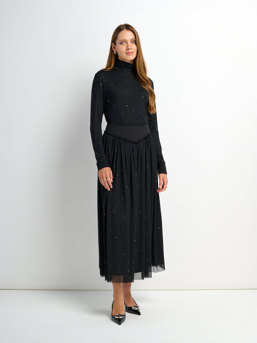 Rhinestone Embellished Mesh Skirt - Black