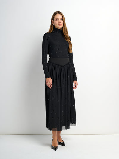 Rhinestone Embellished Mesh Skirt - Black