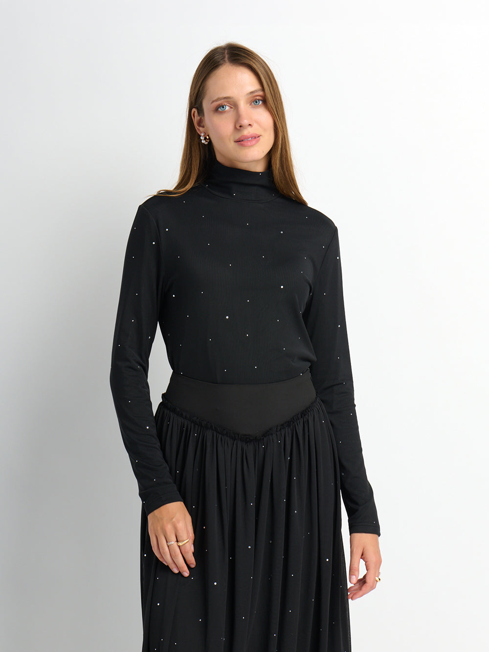 Rhinestone Embelished Mesh Turtleneck - Black