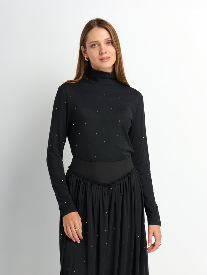 Rhinestone Embelished Mesh Turtleneck - Black