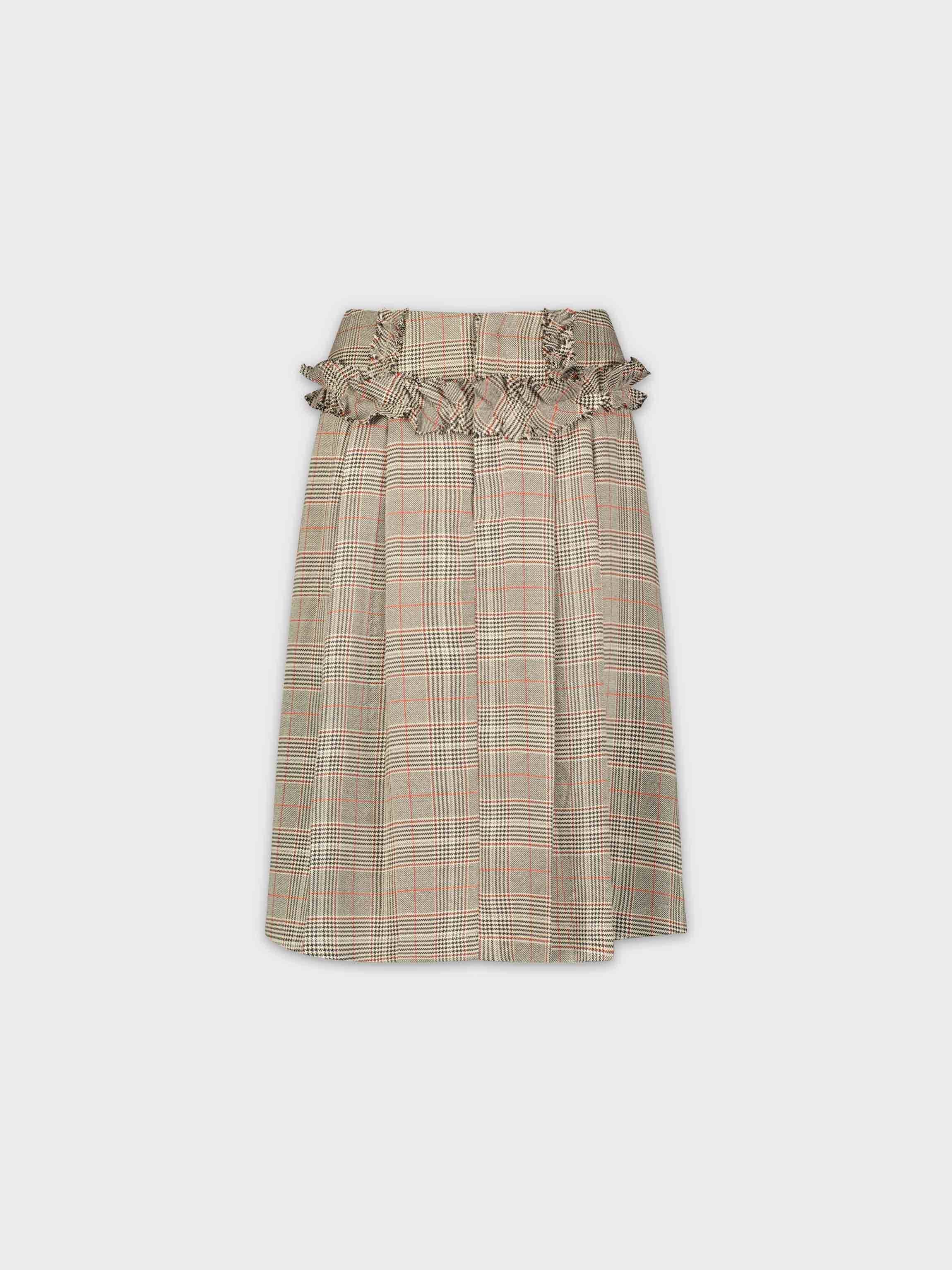 RUFFLE TRIM SKIRT-TAN PLAID