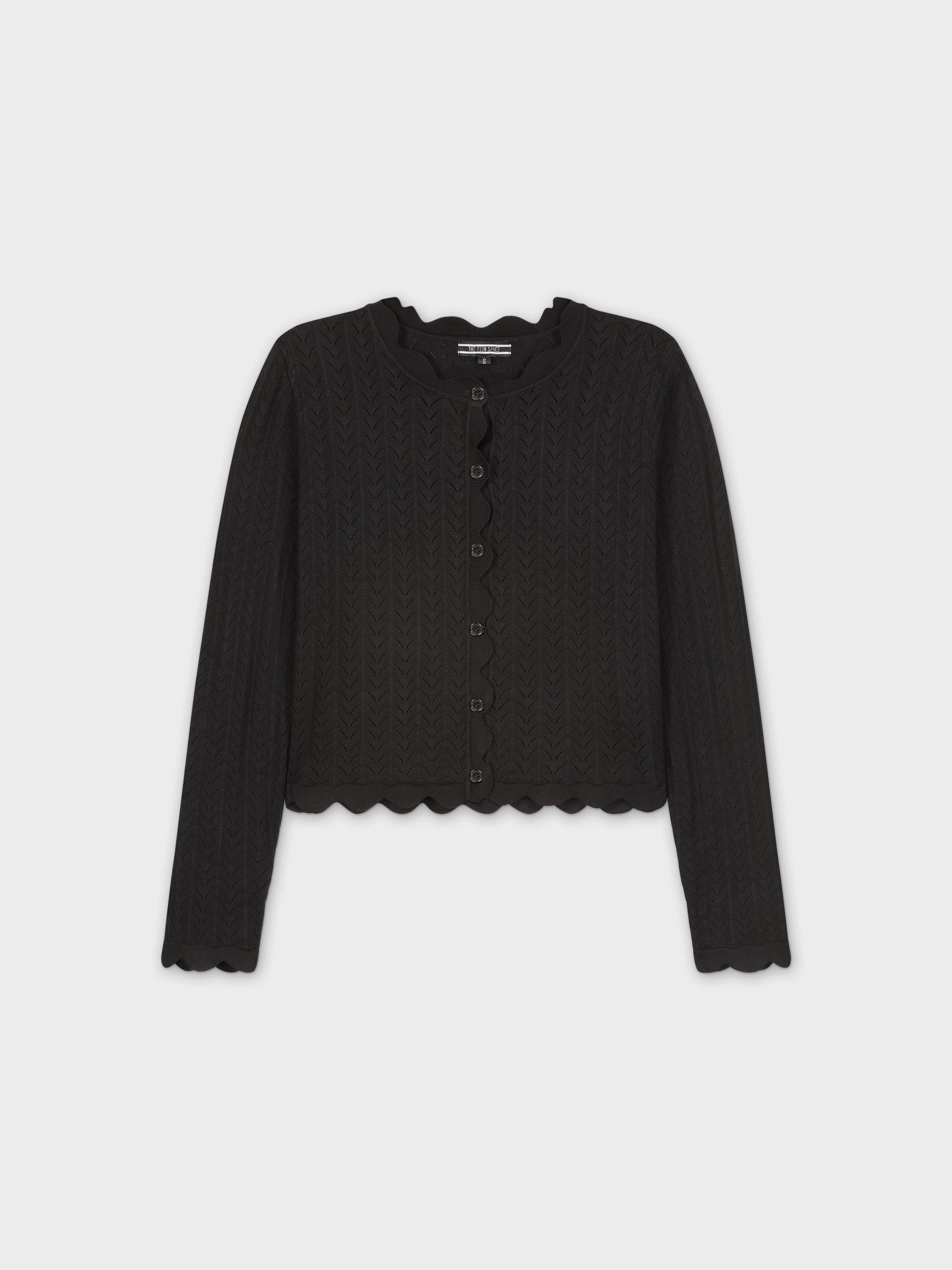 SCALLOPED CREW CARDIGAN-BLACK