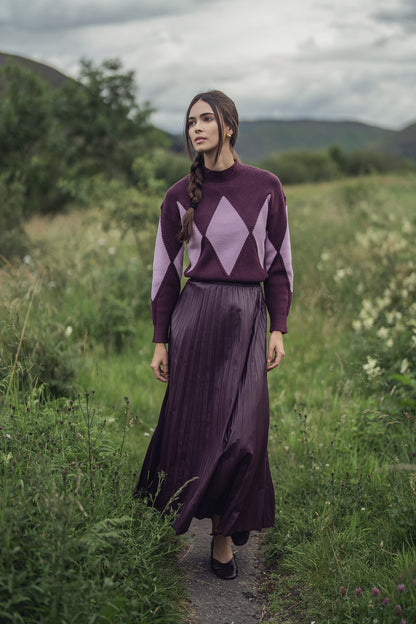 Accordion Pleated Faux Leather Skirt-Eggplant