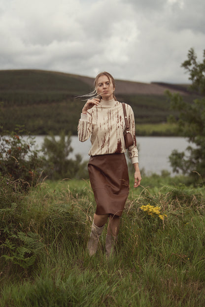 Short A-Line Seamed Faux Leather Skirt-Brown