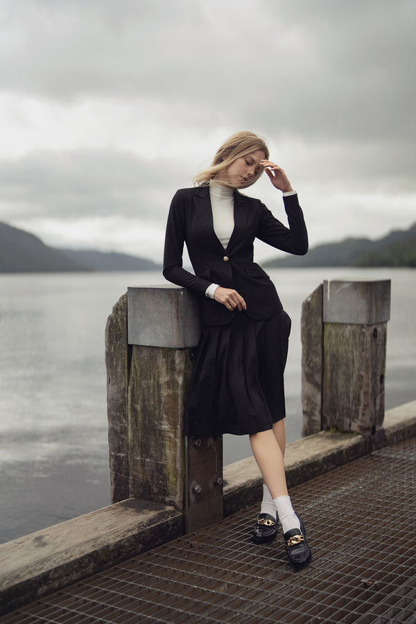 Gold Button Pinstripe Blazer-Black