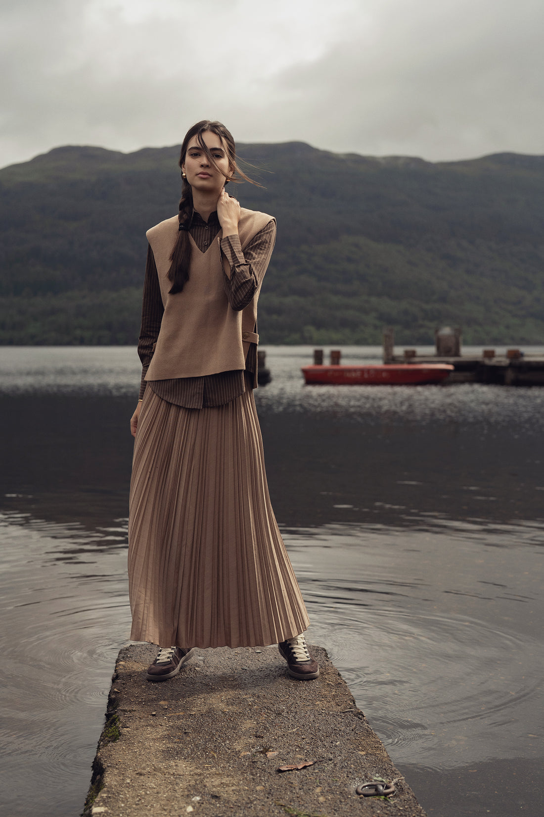 Mix Pleat Skirt-Camel
