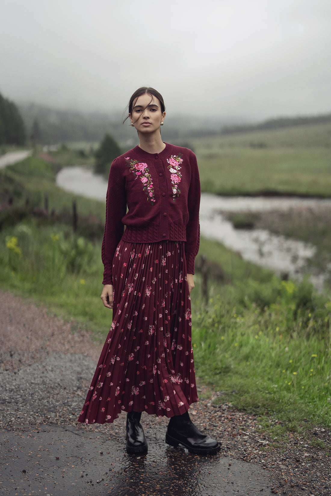 Embroidered Cardigan-Burgundy Floral