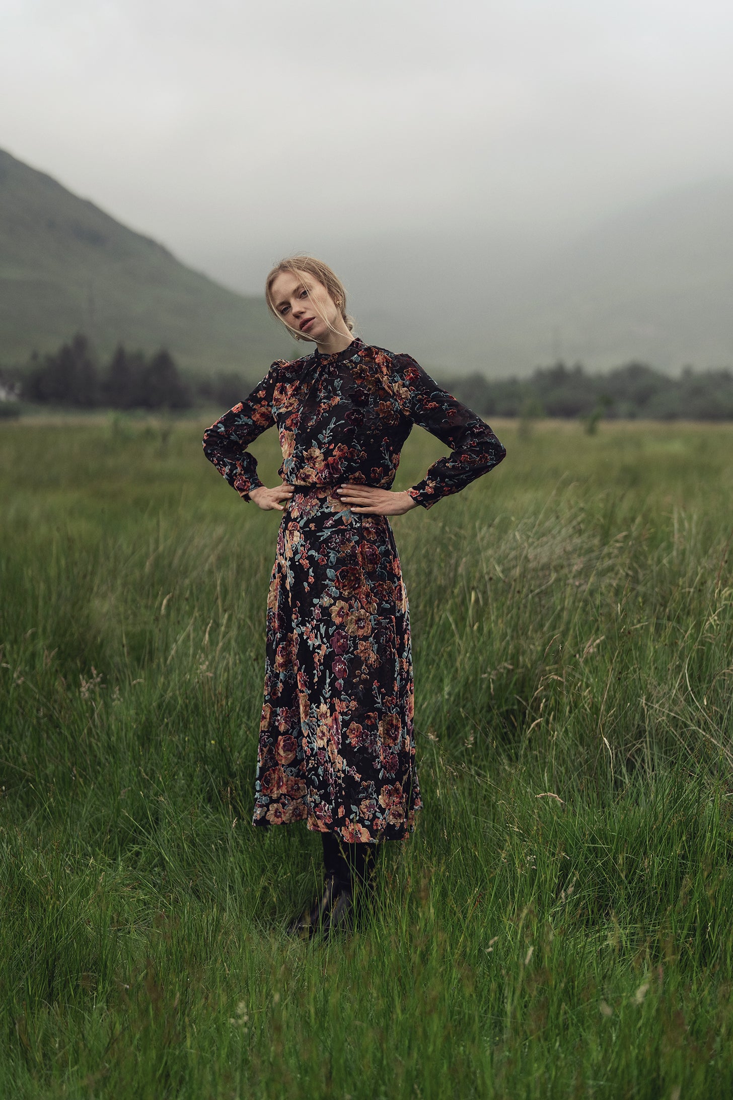 Waisted Yoke Dress-Colored Velvet Floral