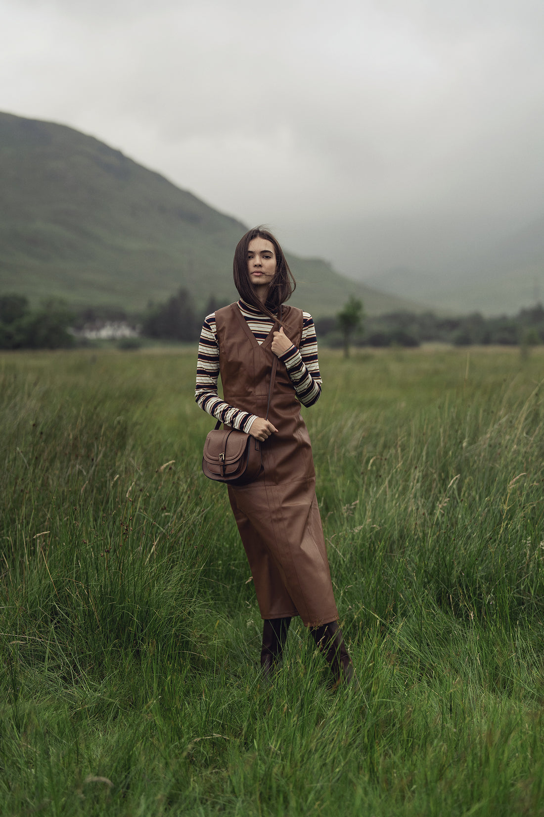 Faux Leather Seamed Jumper-Brown