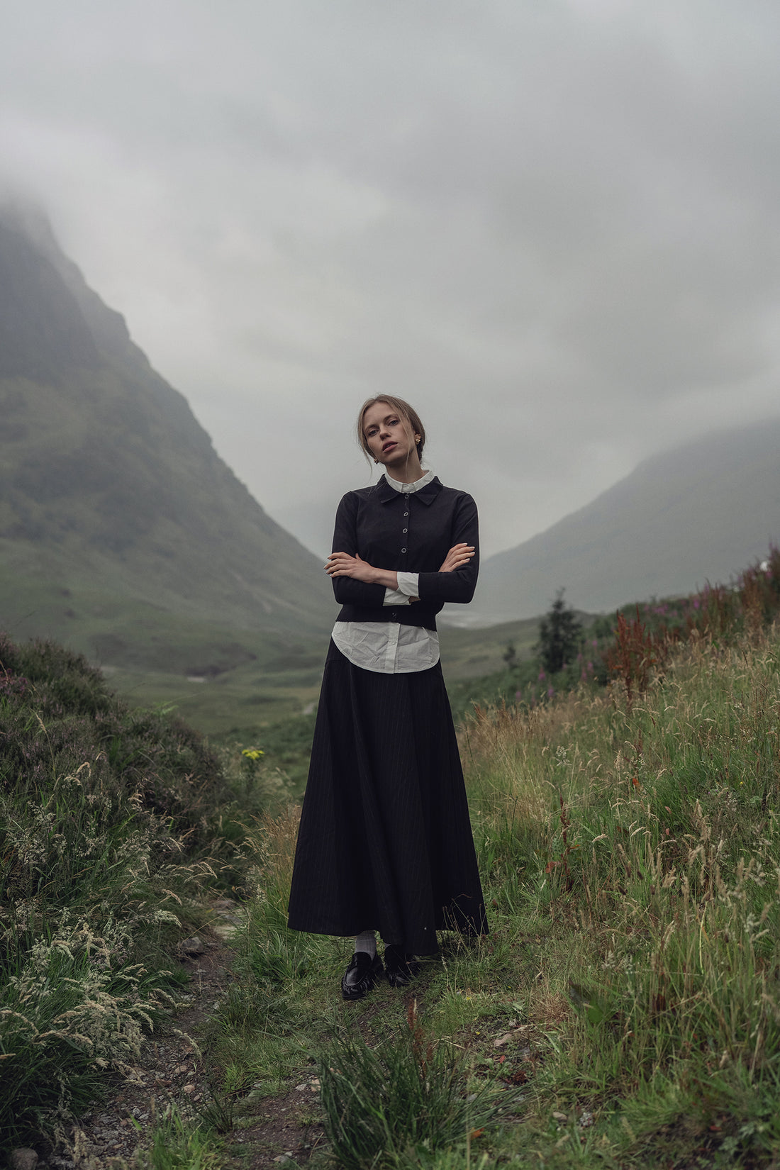 Wool Blend Yoke Skirt 37&quot;-Black Pinstripe