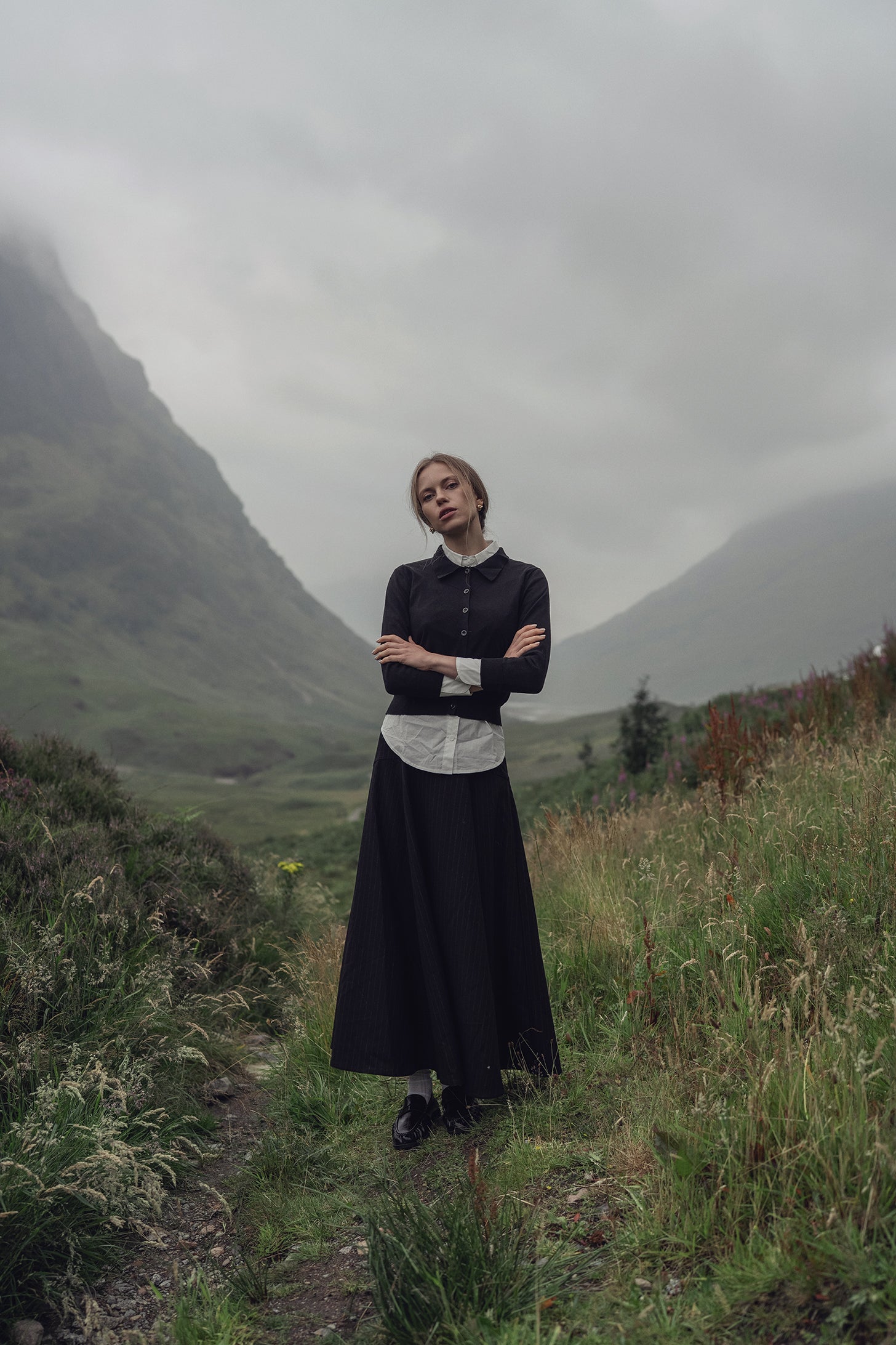 Wool Blend Yoke Skirt 37&quot;-Black Pinstripe