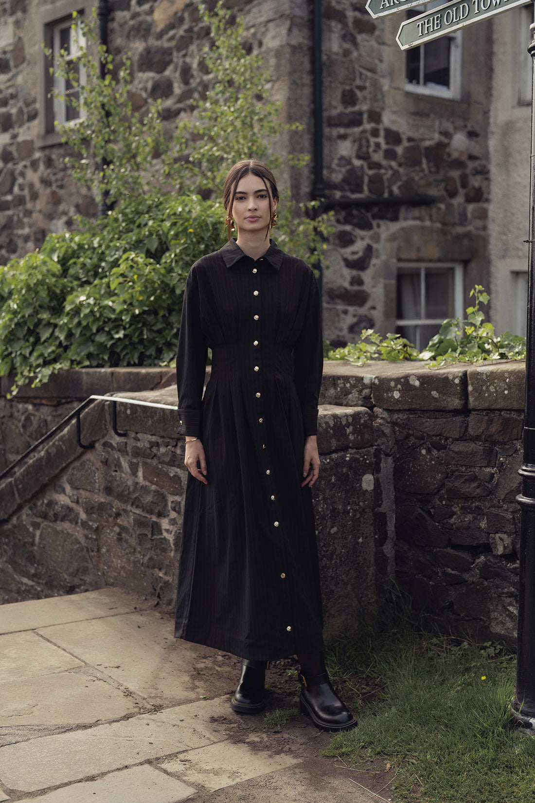 Pleat Waist Pinstripe Button Down Dress-Black