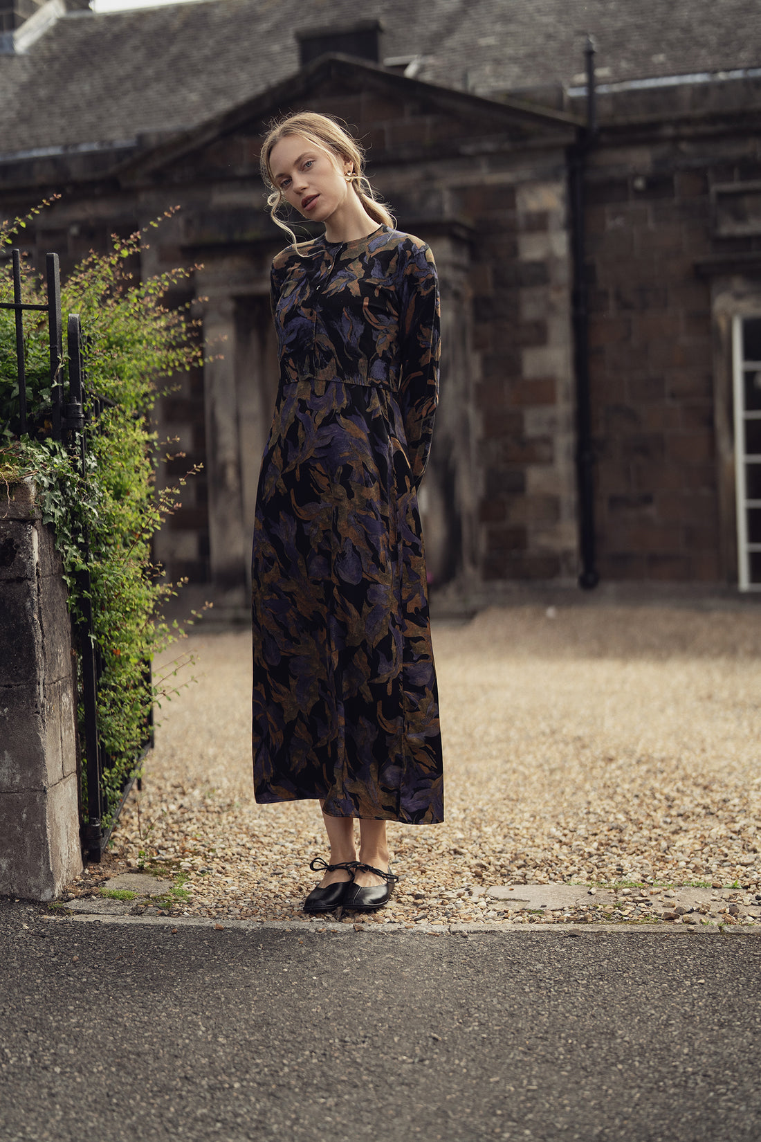 A-Line V Neck Slip Dress-Purple Floral