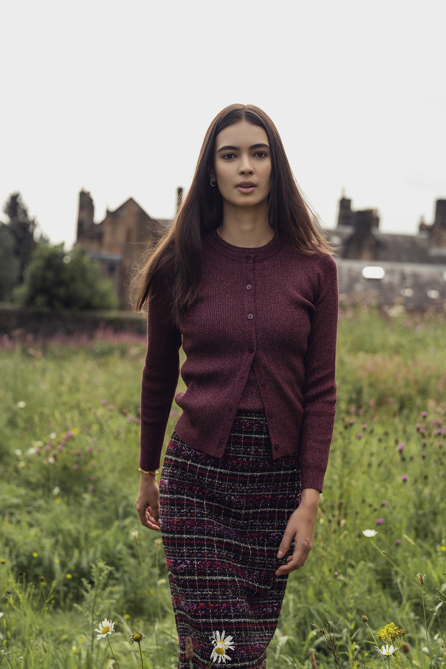 A-Line High Low Skirt-Burgundy Tweed