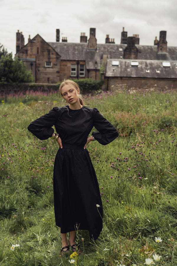 Waisted Full Taffeta Skirt-Black
