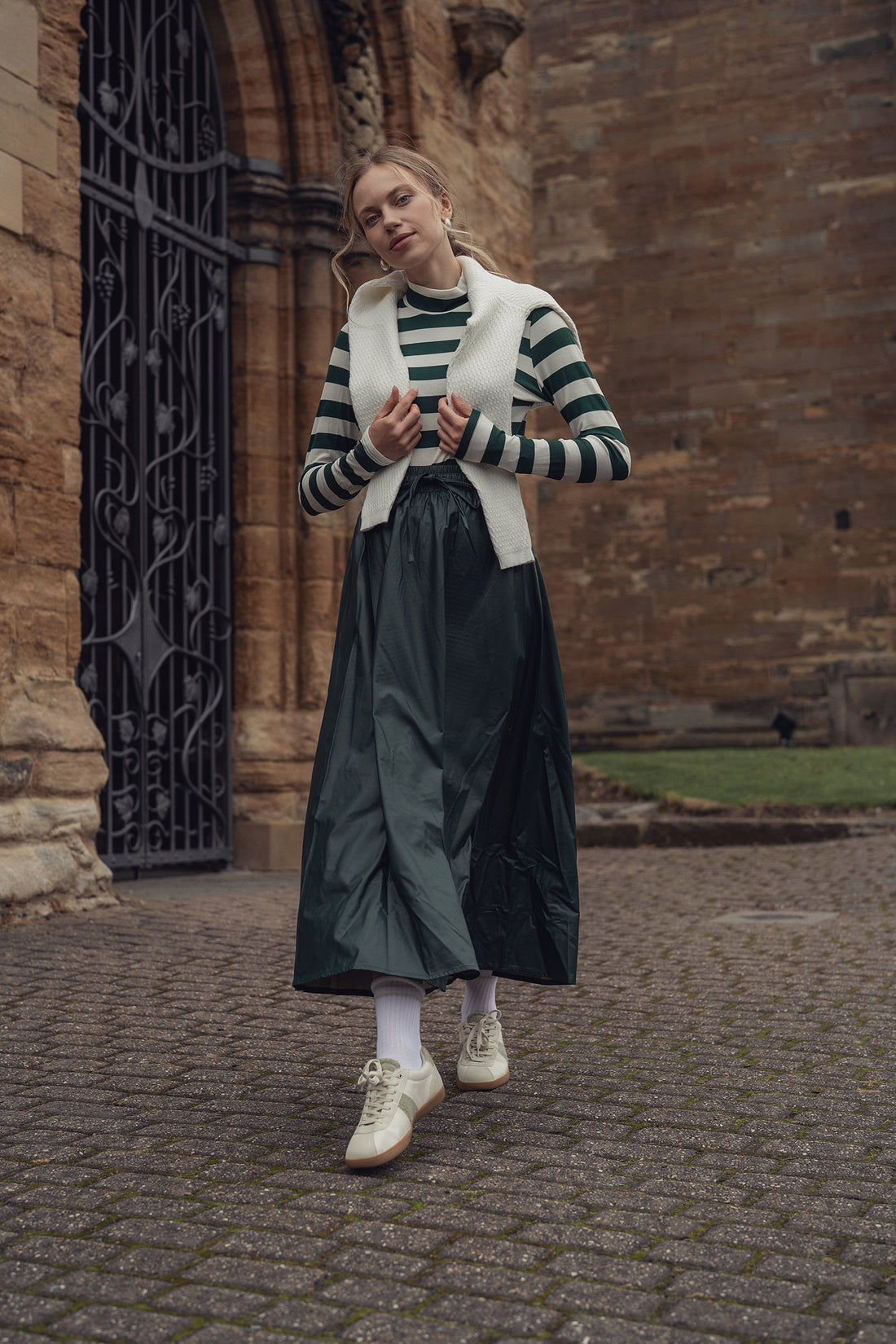 Striped Ribbed Turtleneck-Emerald/Cream
