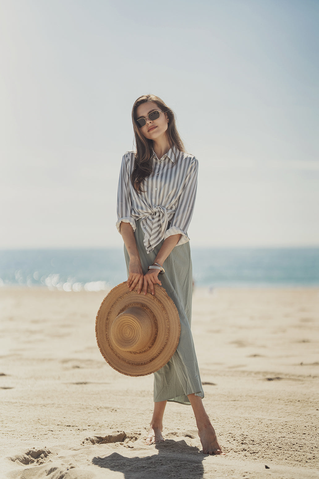 Oversized Satin Blouse-White/Sage