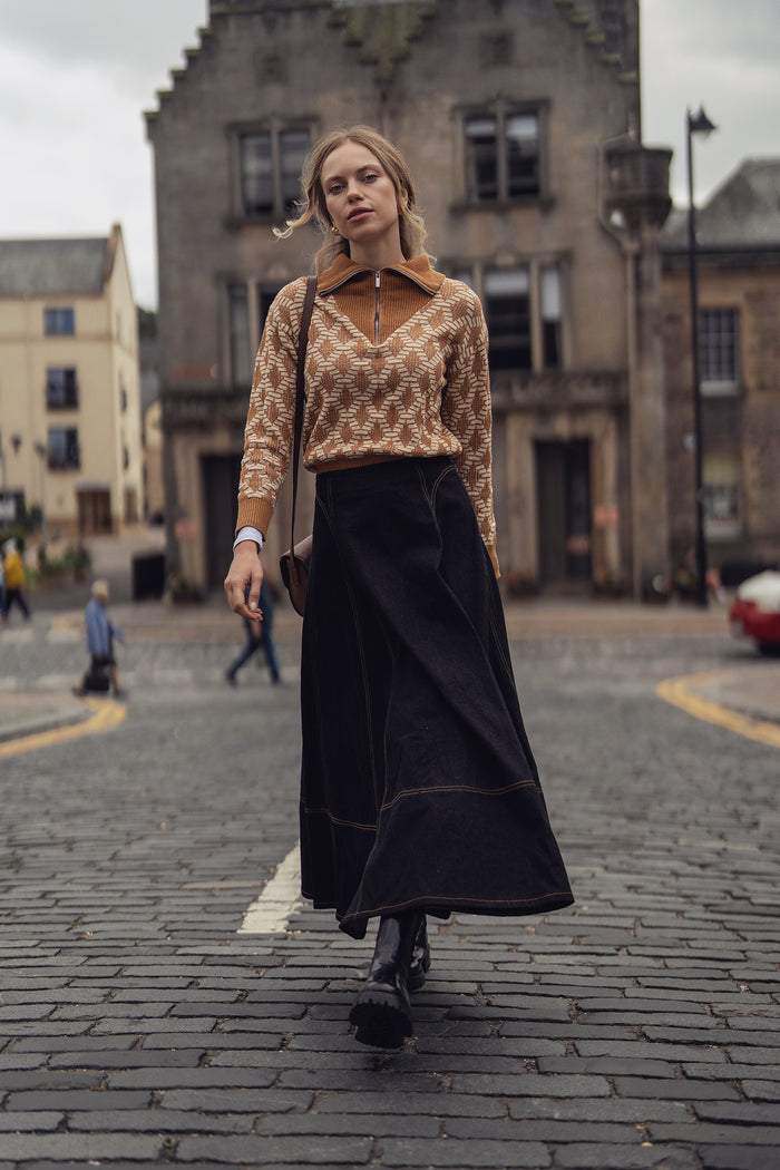 Seamed Full Circle Denim Skirt-Black