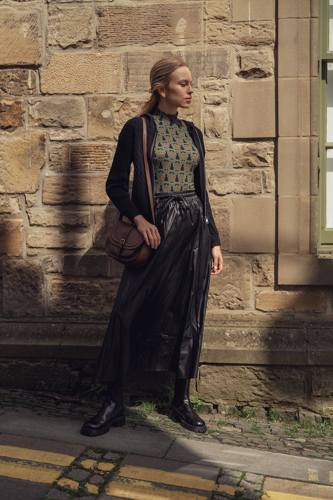 Drawstring Faux Leather Skirt-Black