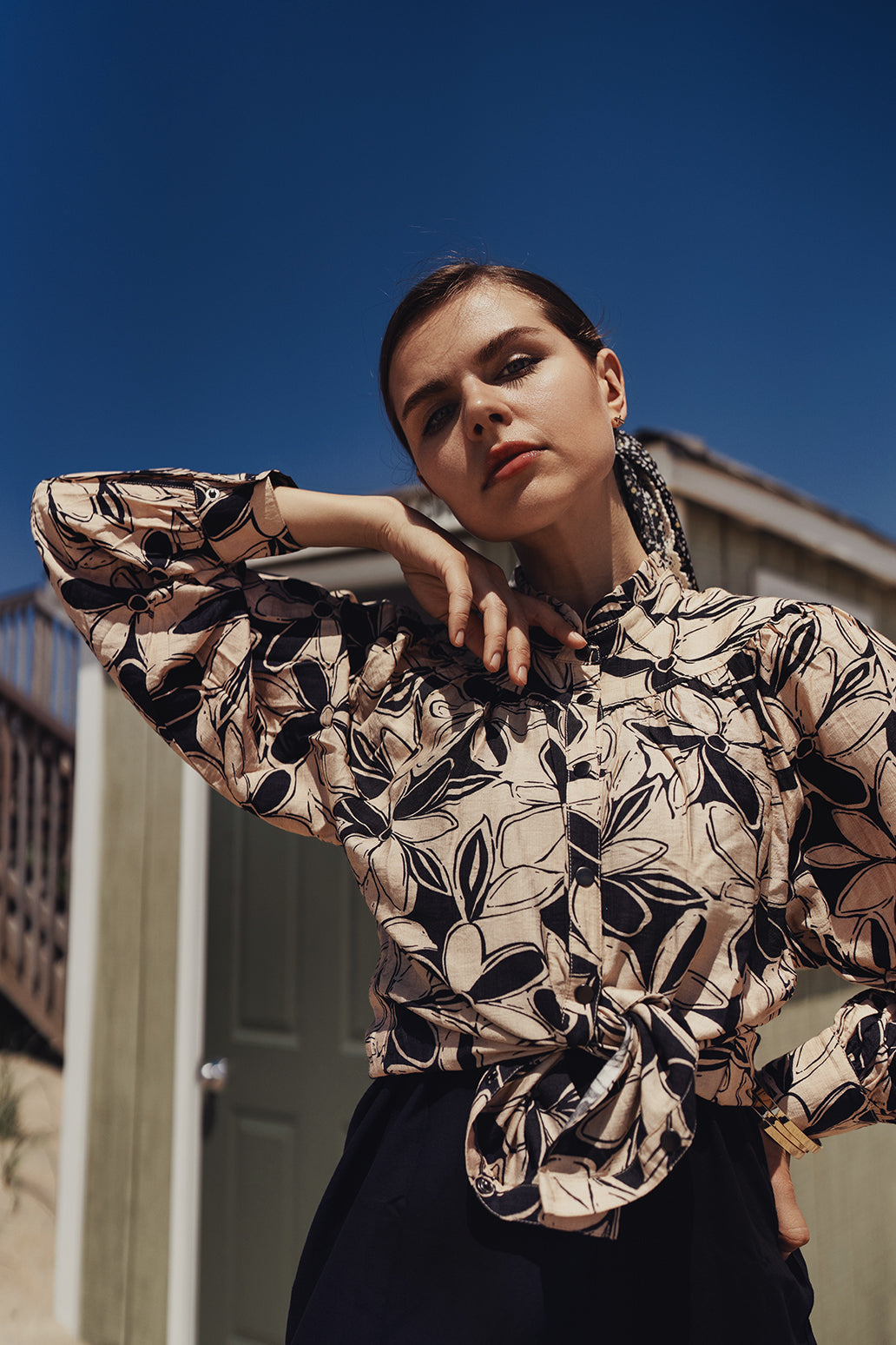 Ruffled Neck Blouse-Tan/Black Floral