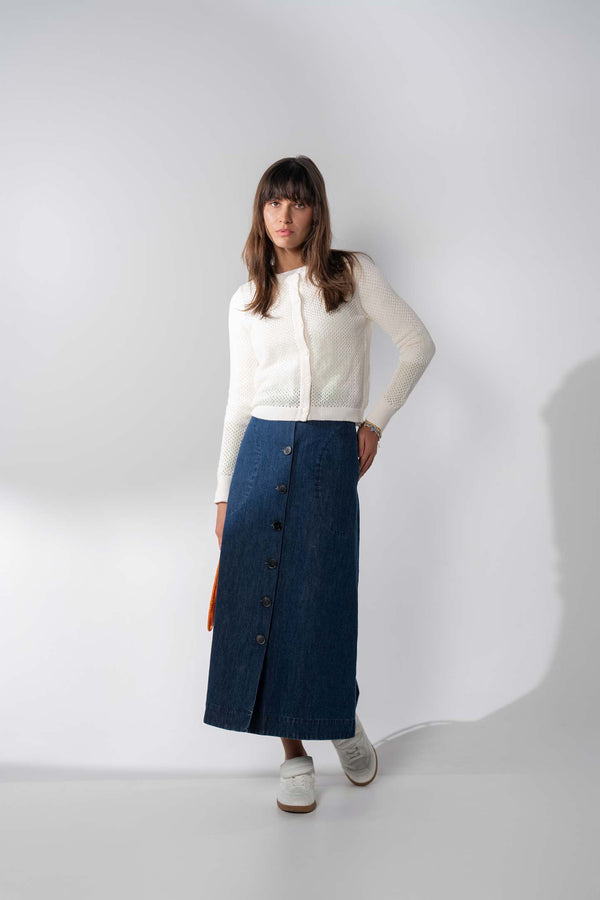 Crochet Knit Button Down Cardigan-White