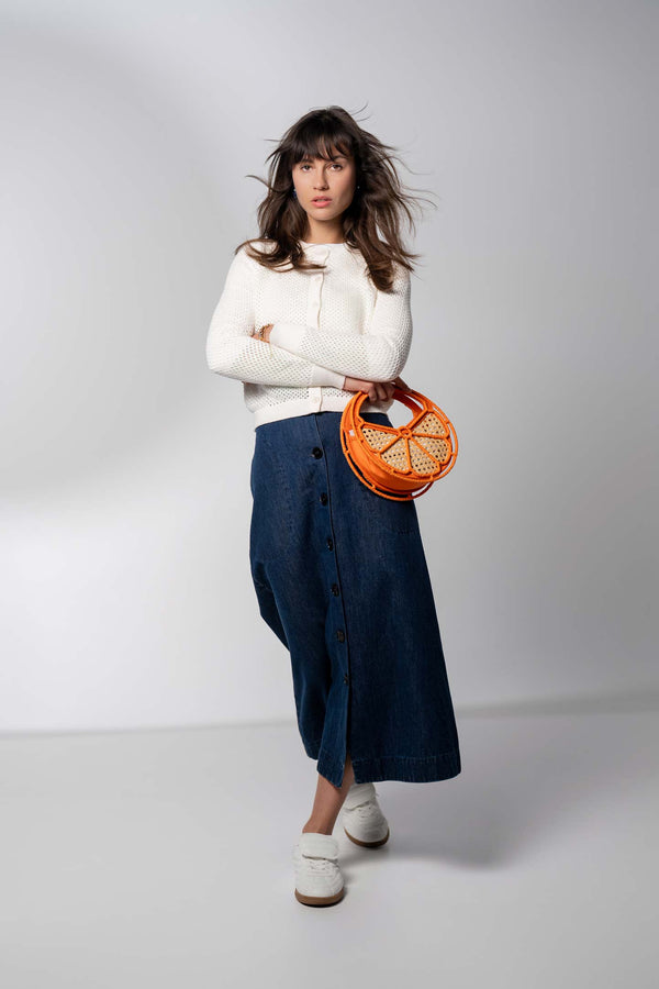 Crochet Knit Button Down Cardigan-White
