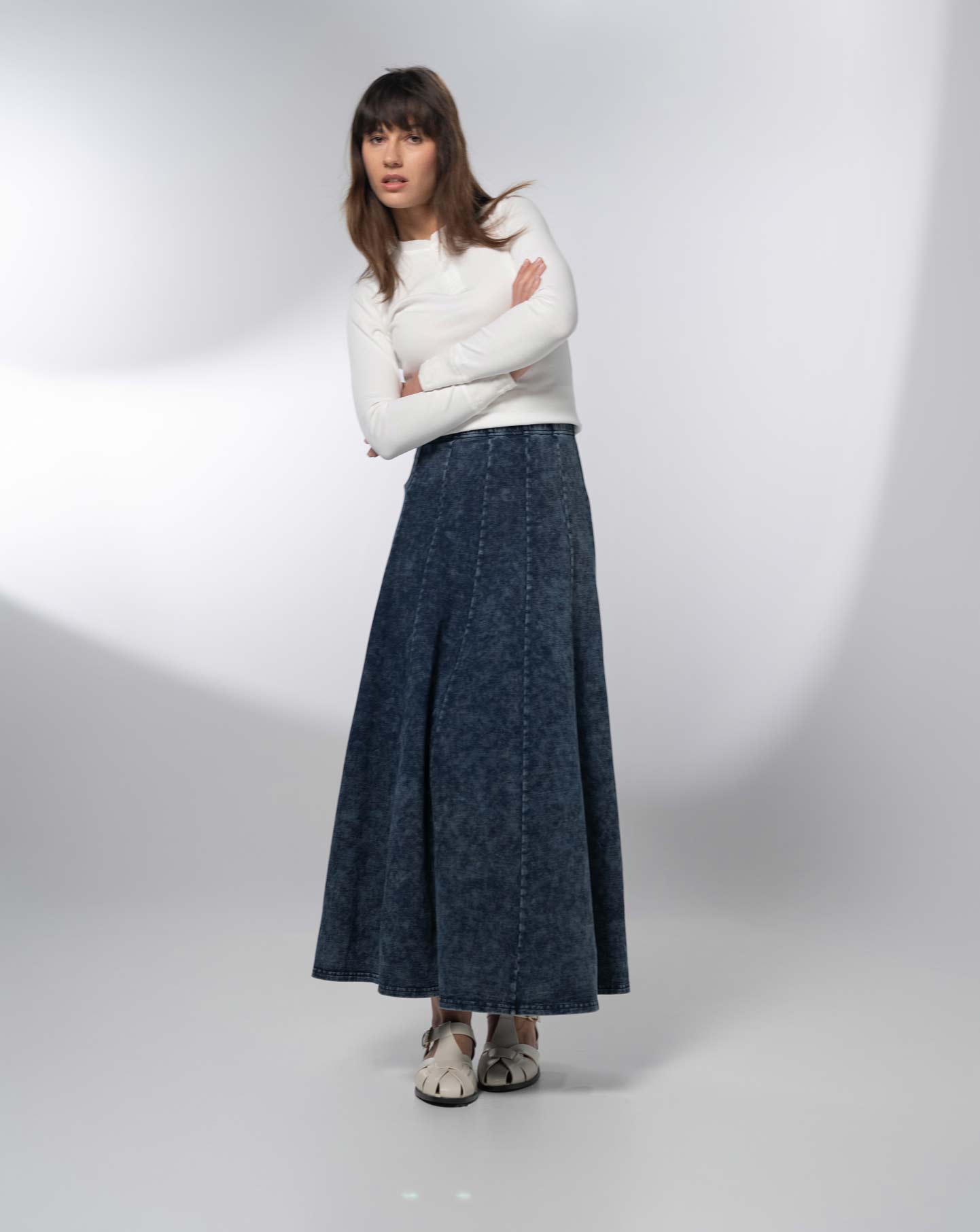 Paneled Flare Skirt 37&quot;-Blue Wash