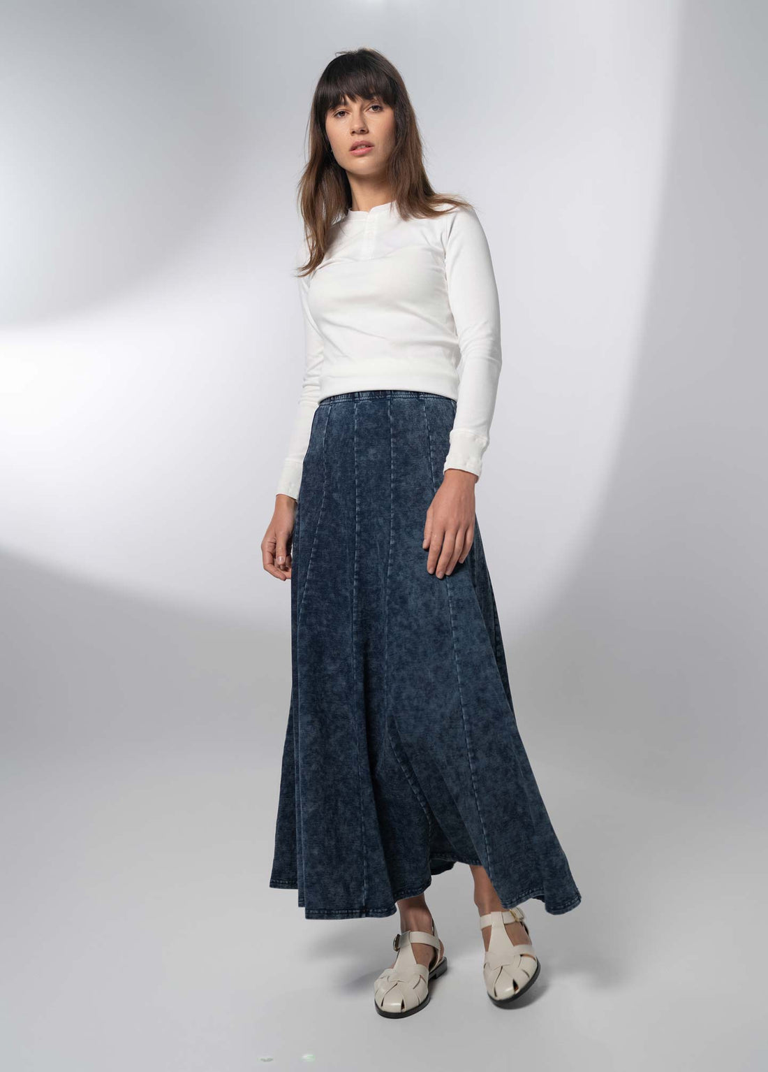 Paneled Flare Skirt 37&quot;-Blue Wash