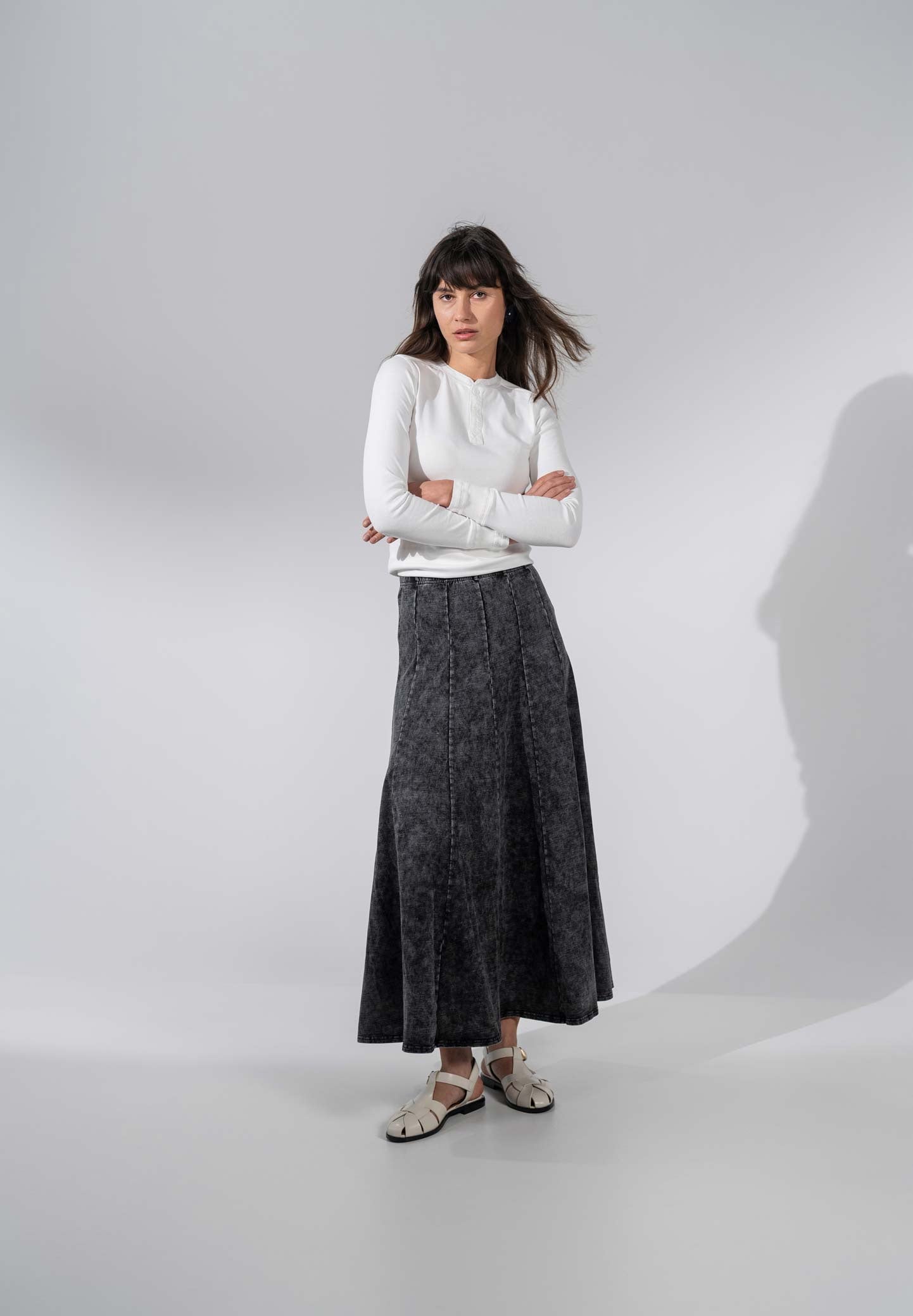 Paneled Flare Skirt 37&quot;-Black Wash