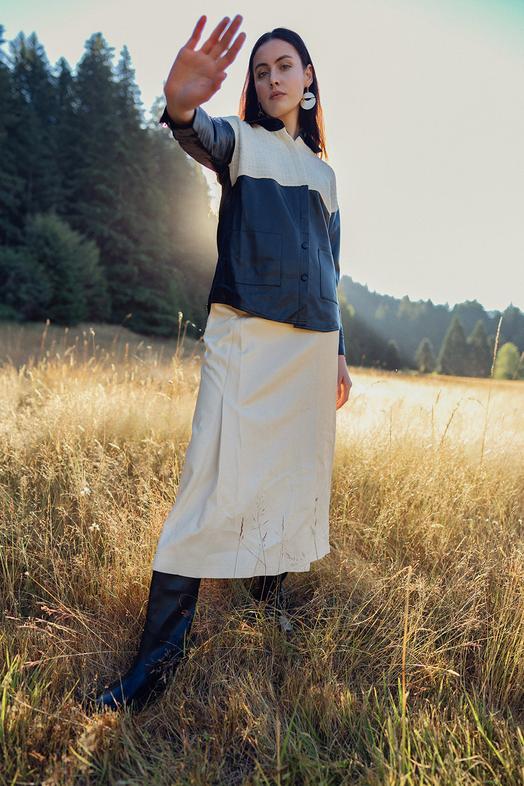 Leather Inverted Pleat Skirt-Ivory